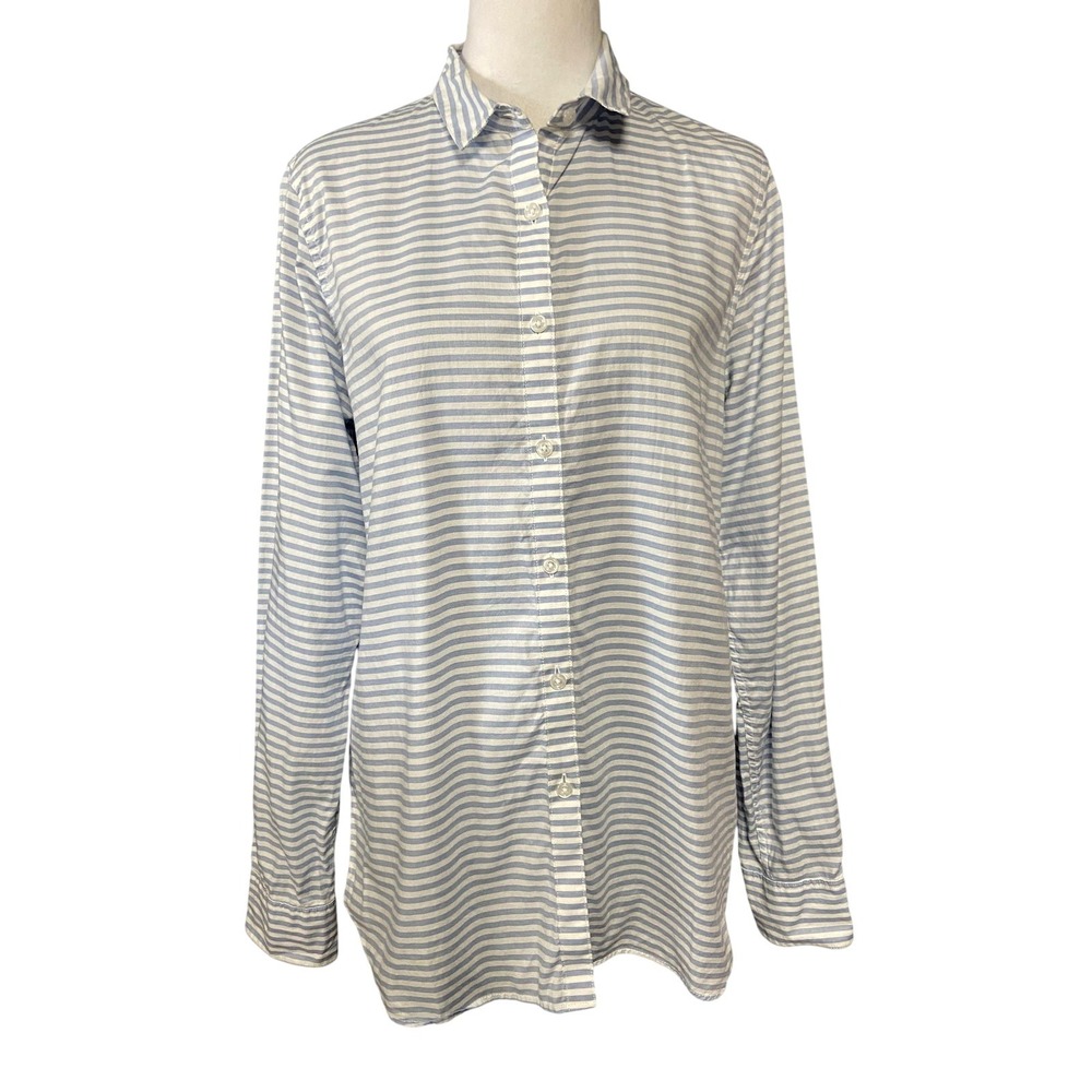 Garnet Hill Shirt Womens 10 Blue White Stripe Cotton Button Up Long Sleeve Top